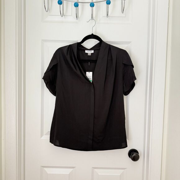 Women Calvin Klein V-Neck Tulip Short Sleeve Blouse in Black Size Large - Picture 3 of 10